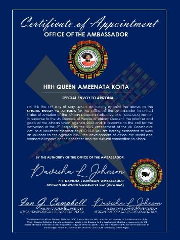 HRM Queen Ameenata Koita of The Royal House of Fulbe, Ashanti, Ghana Appointed As Special Envoy to the State of Arizona by the African Diaspora Collective